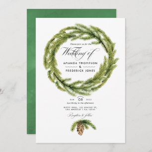 Winter Watercolor Pines QR Code RSVP Wedding Invitation