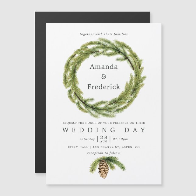 Winter Watercolor Pines Wedding Magnetic Invitation (Front/Back)