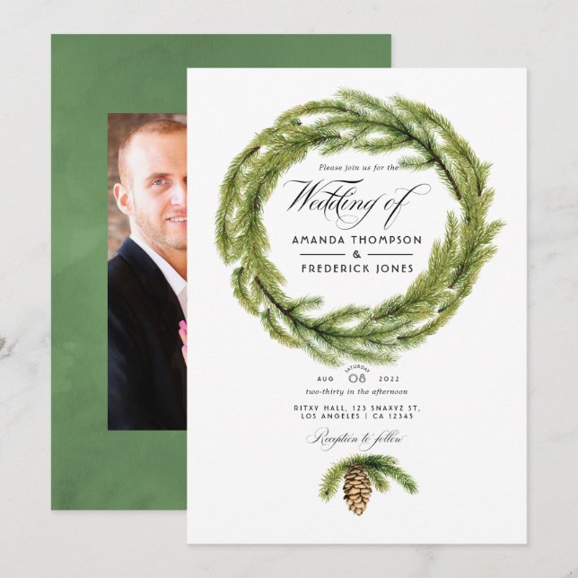 Winter Watercolor Pines Wedding Photo Invitation (Front/Back)