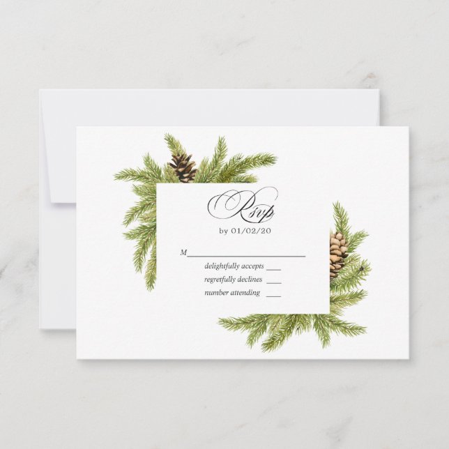 Winter Watercolor Pines Wedding RSVP Card (Front)