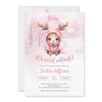 Winter watercolor pink baby deer girl invitation