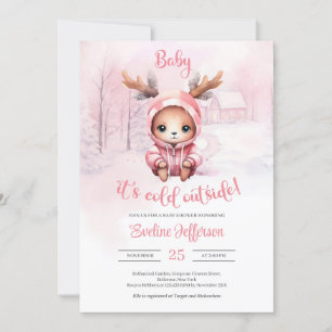 Winter watercolor pink baby deer girl invitation