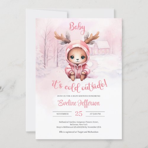 Winter watercolor pink baby deer girl invitation