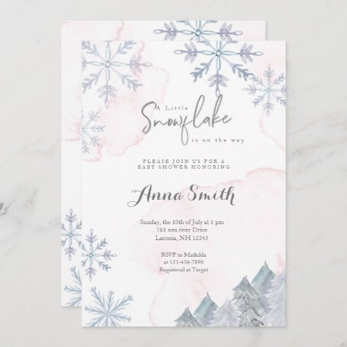 Winter watercolor pink girl baby shower invitation