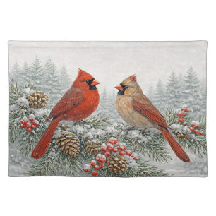 Winter Watercolor Red Cardinal Pair on Snowy Pine Cloth Placemat