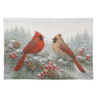 Winter Watercolor Red Cardinal Pair on Snowy Pine Cloth Placemat