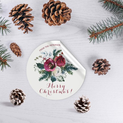 Winter watercolor red peonies bouquet Christmas Classic Round Sticker