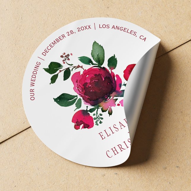 Winter watercolor red peonies bouquet wedding classic round sticker (Creator Uploaded)