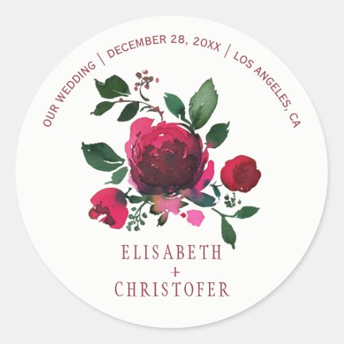 Winter watercolor red peonies bouquet wedding classic round sticker