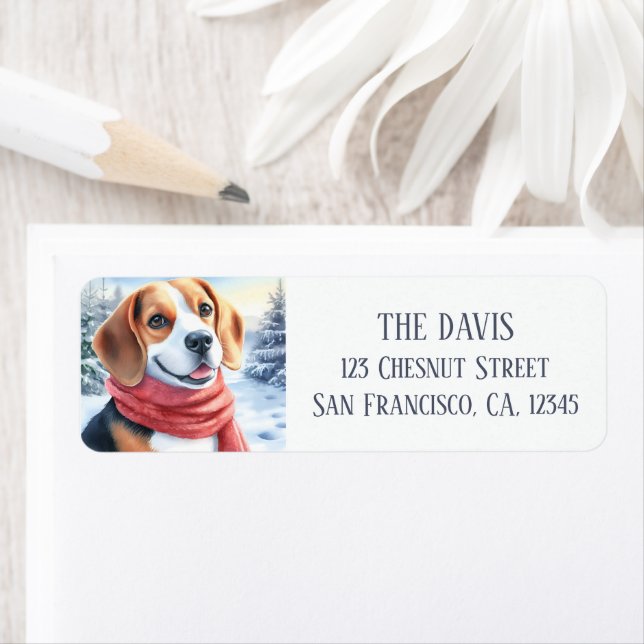  Winter Watercolor Red Scarf Beagle -  Label (Insitu)