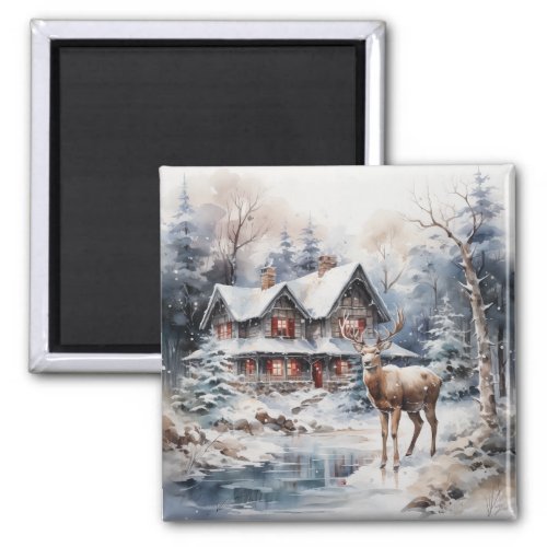 Winter Watercolor Scene _ Deer and Cottage  Magnet
