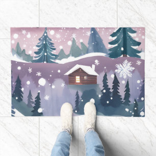 Winter Watercolor Snow Cabin Doormat