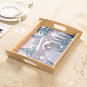 Winter Watercolor Snow Cabin Serving Tray