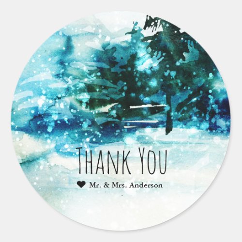 Winter Watercolor Snowy Forest Pine Trees Wedding Classic Round Sticker