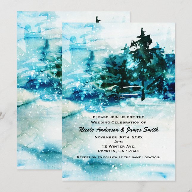 Winter Watercolor Snowy Forest Pine Trees Wedding Invitation (Front/Back)