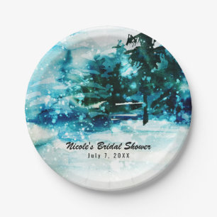 Winter Watercolor Snowy Forest Pine Trees Wedding Paper Plates