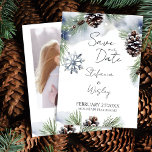Winter watercolor snowy pines photo save the date<br><div class="desc">Winter watercolor snowy pines photo save the date editable template instant digital download. Snowy pines with pine cones snowflake muted Scandinavian winter colors,  if you don't need QR - just delete those fields</div>