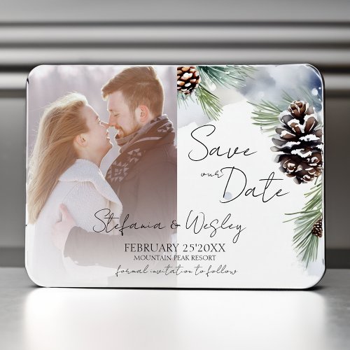Winter watercolor snowy pines photo save the date magnet
