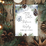 Winter watercolor snowy pines save the date<br><div class="desc">Winter watercolor snowy pines save the date editable template instant digital download. Snowy pines with pine cones snowflake muted Scandinavian winter colors</div>