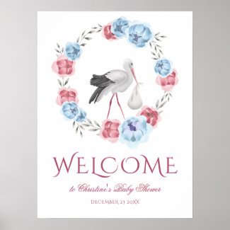 Winter Watercolor Stork Welcome Baby Shower Poster