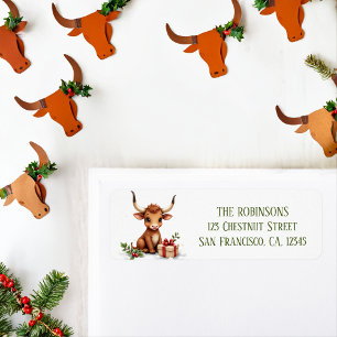 Winter Watercolor Texas Longhorn Calf Gift Label
