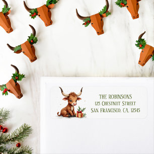 Winter Watercolor Texas Longhorn Calf Gift Label