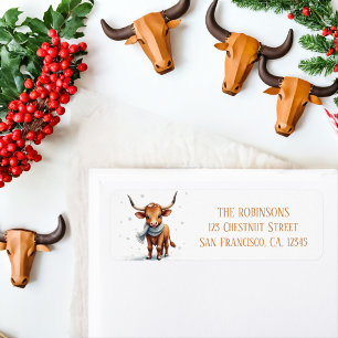 Winter Watercolor Texas Longhorn Calf Snow Label
