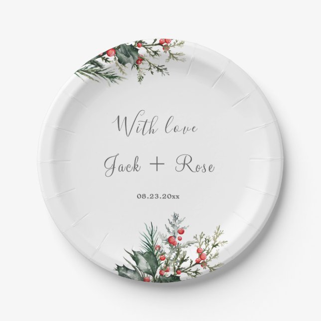 Winter Watercolor Wedding Paper Plates (Front)