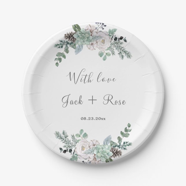 Winter Watercolor Wedding Paper Plates (Front)