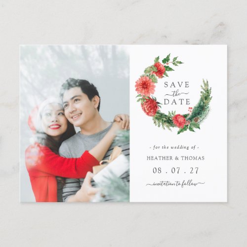 Winter Watercolor Wreath Save the Date Announcement Postcard