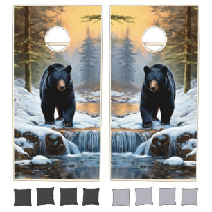 Winter Waterfall and Black Bear Cornhole Set