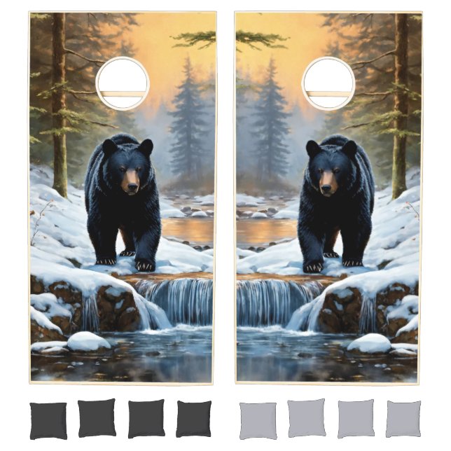Winter Waterfall and Black Bear Cornhole Set (Set)