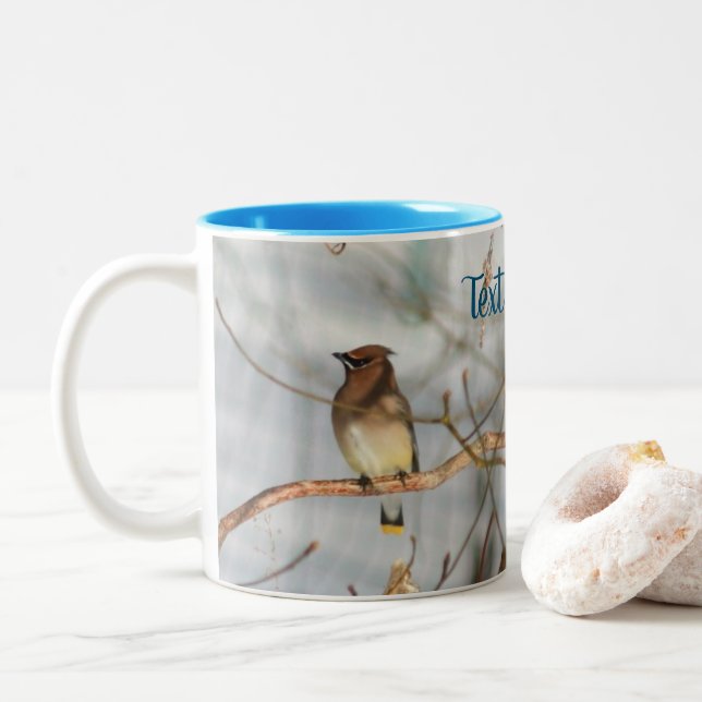 Winter Waxwing Wildlife Nature Personalized Two-Tone Coffee Mug (With Donut)
