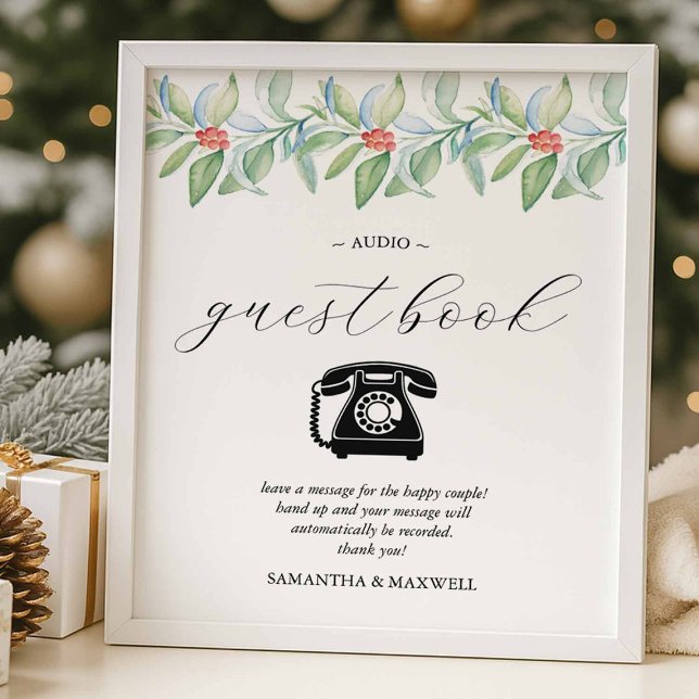 Winter Wedding Audio Guest Book Sign (Winter wedding audio guestbook sign with watercolor botanicals.)