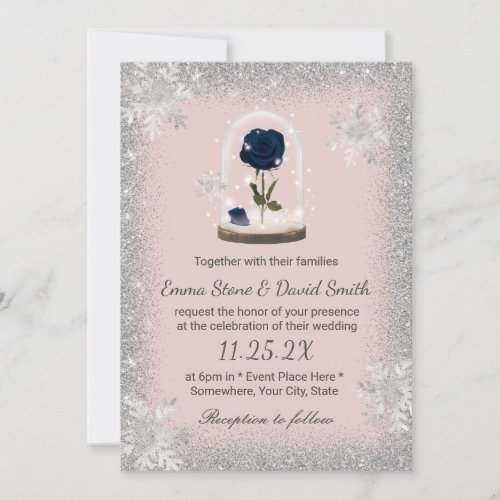 Winter Wedding Beauty Blue Rose Dome Blush Pink Invitation