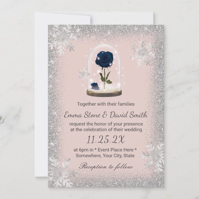 Winter Wedding Beauty Blue Rose Dome Blush Pink Invitation (Front)