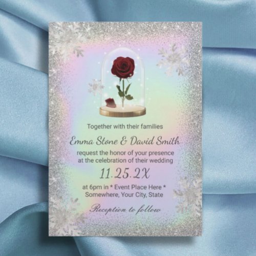 Winter Wedding Beauty Rose Dome Holographic Invitation