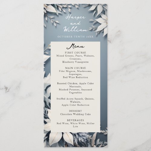 Winter wedding blue and white wedding menu