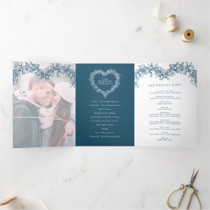 Winter wedding blue mistletoe botanical marriage Tri-Fold program