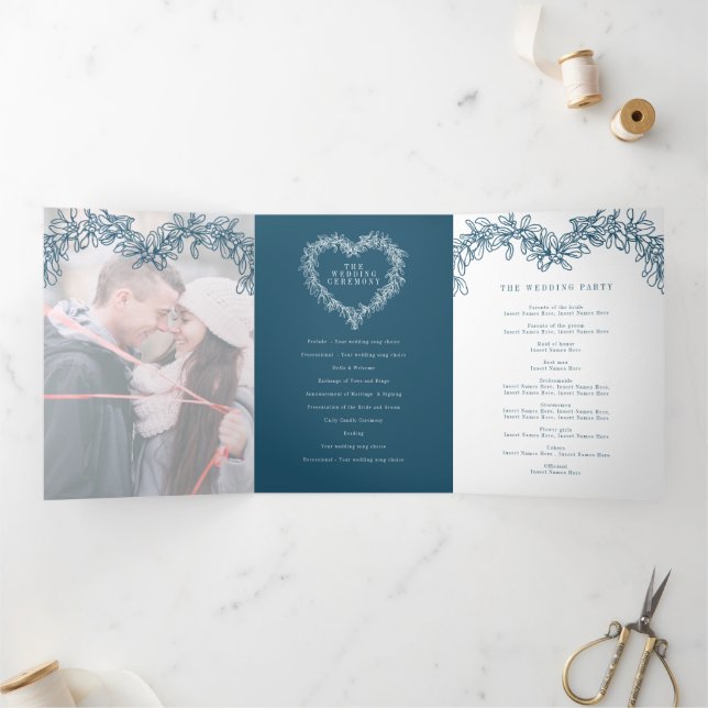 Winter wedding blue mistletoe botanical marriage Tri-Fold program (Inside)