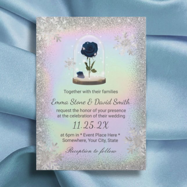 Winter Wedding Blue Rose Flower Dome Holographic Invitation