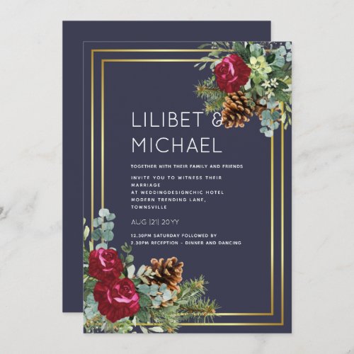 Winter Wedding Burgundy Roses Eucalyptus Invitation