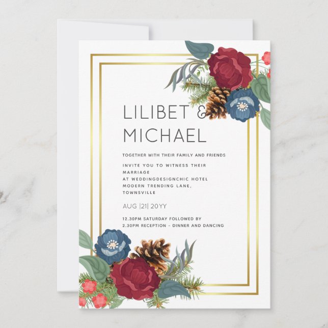 Winter Wedding Burgundy Teal Blue Modern Invitation (Front)