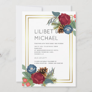 Winter Wedding Burgundy Teal Blue Modern Invitation
