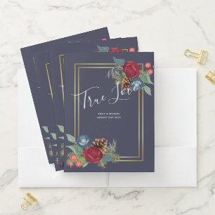 Winter Wedding Burgundy Teal Blue Modern Pocket Folder