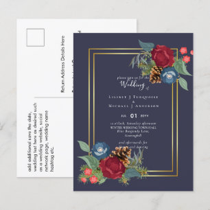 Winter Wedding Burgundy Teal Blue Modern Postcard