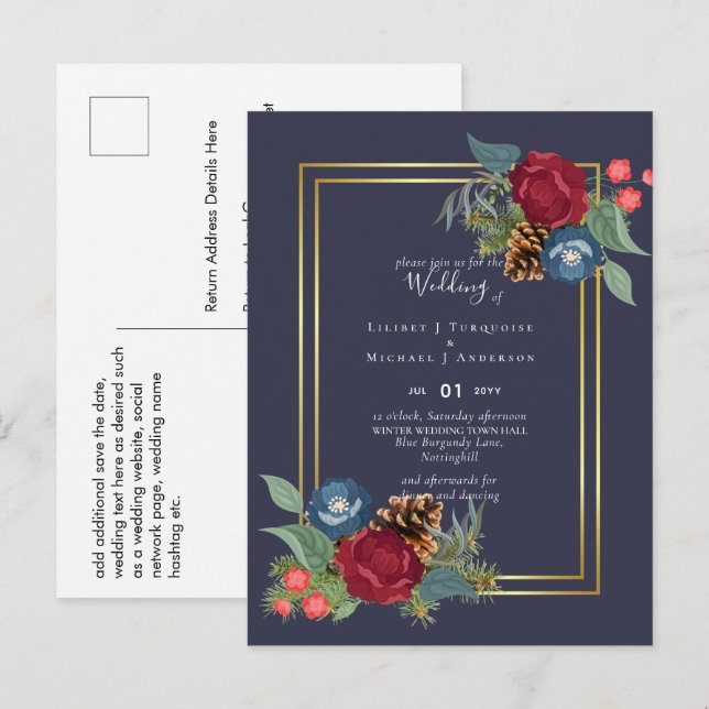 Winter Wedding Burgundy Teal Blue Modern Postcard (Front/Back)