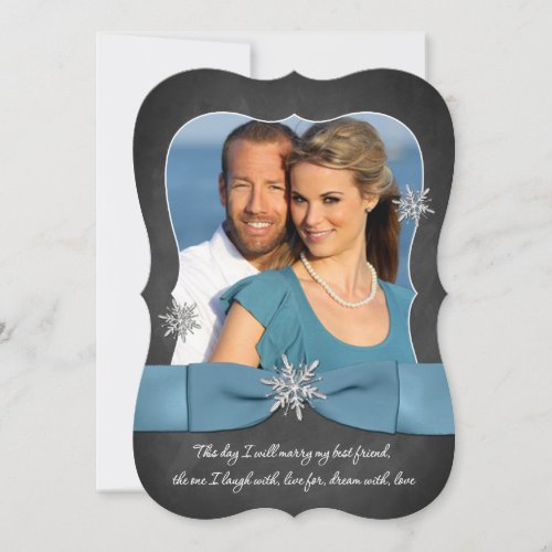 Winter Wedding  Chalkboard Silver Snowflake Blue Invitation