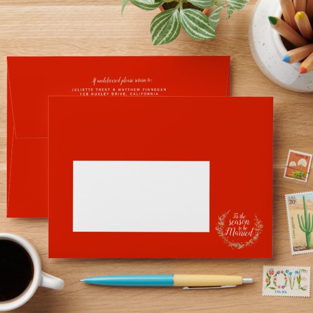 Winter wedding cones berries star watercolor red envelope (Desk)