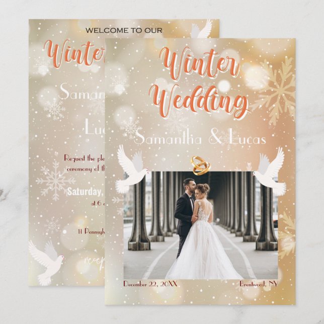 Winter Wedding Couple Photo Gold Wedding  Invitation (Front/Back)